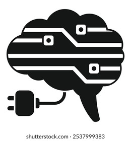 This vector illustration shows a human brain connected to a plug with electric circuit simulating artificial intelligence