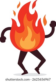 This vector illustration shows a lively animated fire character with orange and red flames dancing energetically on a white background. The mood is playful and vibrant.