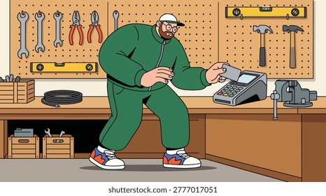 This vector illustration shows a man using a contactless credit card at a POS terminal inside a garage workshop filled with various mechanic hand tool - Powered by Shutterstock - Get 15% off with code: PIKWIZARD15