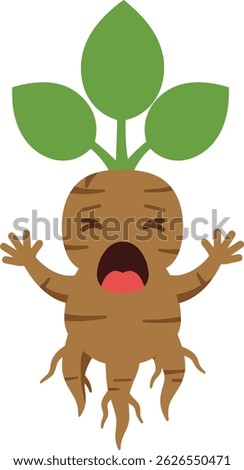 This vector illustration shows a mandrake root character with green leaves screaming and waving its arms. The image uses simple colors and flat design, creating a playful mood.