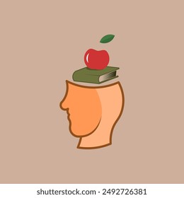 Diese Vektorillustration zeigt den Kopf eines Mannes mit einem Buch und einem Apfel in seinem Hirn. Die Illustration soll den Begriff "Wissen für alle" darstellen.