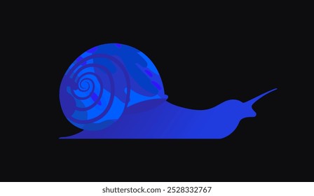 Esta Ilustración vectorial muestra un caracol azul minimalista con una concha en espiral sobre un fondo negro. El cuerpo del caracol es elegante, y su nariz es afilada, parecida a un taladro. 