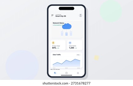 Diese Vektorgrafik zeigt eine mobile App-Schnittstelle für Smart City OS, die Netzwerkstatus, Energienutzung und Datenverkehrsmetriken auf einem Smartphone hervorhebt.