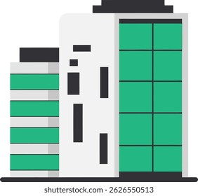 This vector illustration shows a modern office building featuring green glass windows and a white exterior with black accents in a flat design style. Clean and professional mood.