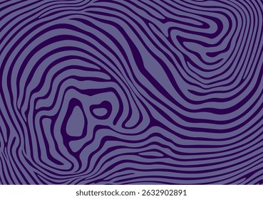 This vector illustration shows a modern abstract pattern of wavy, zebra-like lines in purple tones. The "organic liquid lines" style is very popular in current graphic and digital design trends.