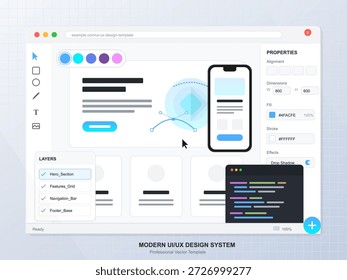 Diese Vektorgrafik zeigt ein modernes Design-System für Benutzeroberflächen mit Vorlagen für Web- und mobile Anwendungen. Es verfügt über Layout-Tools und Farbeinstellungen.