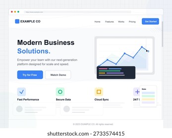 This vector illustration shows a modern business website. Users can observe features like data analytics, cloud sync, and performance metrics on various devices.