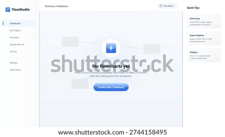 This vector illustration shows a modern software dashboard for mapping business processes and user flows. The clean interface features a sidebar menu and a call to action.