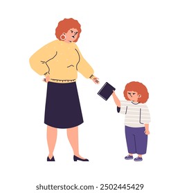 Esta Ilustración vectorial muestra a una madre tomando una tableta de su hijita sobre un fondo blanco. La Imagen destaca la dependencia de los niños de los aparatos