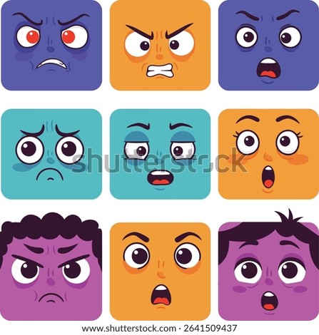 This vector illustration shows nine colorful square emoji faces displaying different emotions, enhancing digital communication and social media interactions with vivid expressions. Cheerful mood.