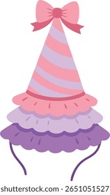 Esta ilustração vetorial mostra um chapéu de festa com ruffles em camadas rosa e roxo e um arco rosa no topo, perfeito para celebrações festivas e ocasiões alegres. Humor alegre.