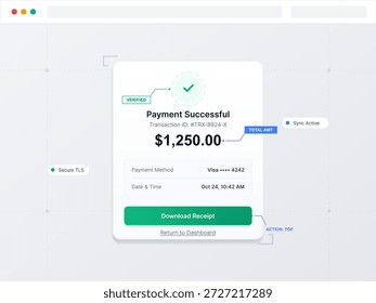 This vector illustration shows a payment confirmation display with transaction details, method, date, and options for downloading a receipt.