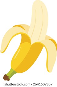 This vector illustration shows a peeled banana with bright yellow skin and light cream inside. The image presents a fresh tropical fruit snack in a clean style, cheerful mood.