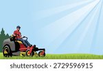 This vector illustration shows a person operating a zero-turn riding lawn mower on a bright, sunny day. The rider, dressed in a red shirt, blue jeans, and a cap, is cutting lush green grass using a red and black mower. The scene highlights efficient property maintenance and professional lawn care during the grass-cutting season, making it ideal for landscaping, gardening, or outdoor service visuals.