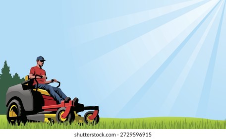 Esta ilustração vetorial mostra uma pessoa operando um cortador de grama de equitação em curva zero em um dia brilhante e ensolarado. O cavaleiro, vestido com uma camisa vermelha, jeans azuis e um boné, está cortando grama verde exuberante usando um cortador vermelho e preto. A cena destaca a manutenção eficiente da propriedade e o cuidado profissional do gramado durante a estação de corte de grama, tornando-o ideal para paisagismo, jardinagem ou visuais de serviço ao ar livre.