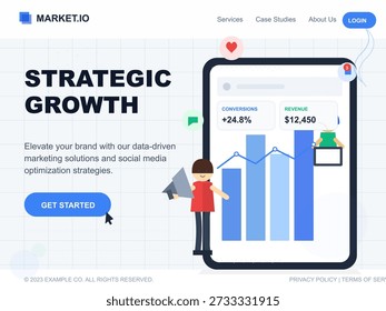 Esta Ilustración vectorial muestra a una persona con un megáfono junto a una tableta mostrando estadísticas de crecimiento relacionadas con conversiones e ingresos, destacando los servicios de marketing.