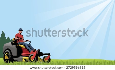 This vector illustration shows a person operating a zero-turn riding lawn mower on a bright, sunny day. The rider, dressed in a red shirt, blue jeans, and a cap, is cutting lush green grass using a red and black mower. The scene highlights efficient property maintenance and professional lawn care during the grass-cutting season, making it ideal for landscaping, gardening, or outdoor service visuals.