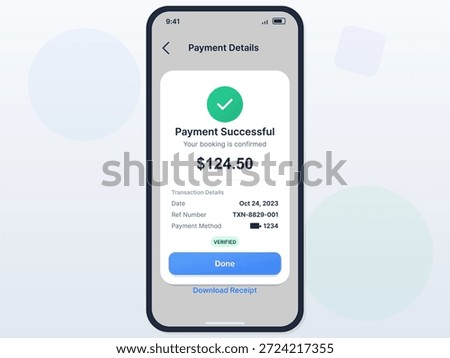 This vector illustration shows a phone screen with payment confirmation details. It includes transaction info like date, reference number, and payment method.