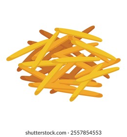 This vector illustration shows a pile of appetizing french fries lying on a white background, perfect for designs related to fast food, snacks, and unhealthy eating habits