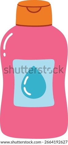 This vector illustration shows a pink water bottle with an orange cap and a blue droplet label, symbolizing hydration and freshness, in a clean minimal style. Cheerful mood.