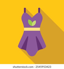 This vector illustration shows a purple dress with a green leaf design, symbolizing sustainable and ethical fashion choices