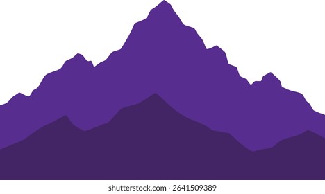 This vector illustration shows a purple mountain range with layered peaks in a minimalist style, emphasizing natural shapes and depth with a calm and serene mood.