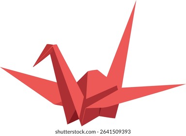 This vector illustration shows a red origami crane with sharp edges and clean lines, symbolizing peace and creativity in a minimalist style. Calm and elegant.