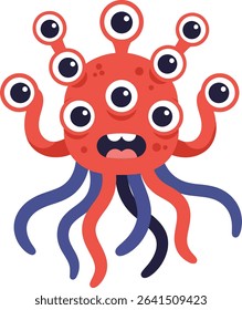 This vector illustration shows a red and blue many-eyed cartoon monster with tentacles, designed for children fantasy and horror themes. It conveys a playful and spooky mood.