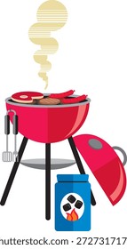 Esta Ilustración vectorial muestra una parrilla de barbacoa de carbón al estilo de una tetera roja en uso, con carne y pimientos rojos a la parrilla y humo saliendo de la comida. Un recipiente de briquetas de carbón se sienta al lado de la parrilla, mientras que las herramientas de cocción como pinzas y una espátula cuelgan de los ganchos laterales. La Imagen es ideal para temas de barbacoa, conceptos de cocina al aire libre, fiestas de verano y diseños relacionados con la comida.
