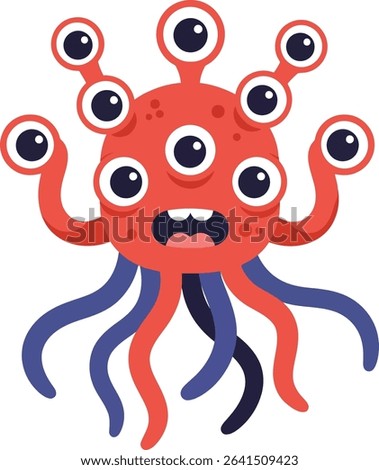 This vector illustration shows a red and blue many-eyed cartoon monster with tentacles, designed for children fantasy and horror themes. It conveys a playful and spooky mood.