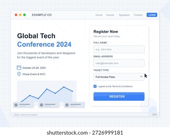 This vector illustration shows a registration page for the Global Tech Conference 2024. It features fields for name, email, ticket type, and terms agreement for this virtual and in-person event.