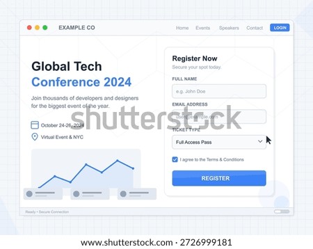This vector illustration shows a registration page for the Global Tech Conference 2024. It features fields for name, email, ticket type, and terms agreement for this virtual and in-person event.