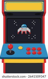 This vector illustration shows a retro arcade game machine with pixel art spaceship on screen, colorful buttons, and joystick, capturing nostalgic vintage gaming mood.