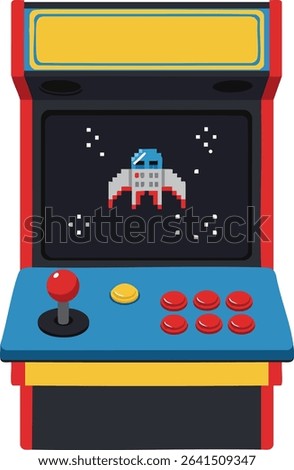 This vector illustration shows a retro arcade game machine with pixel art spaceship on screen, colorful buttons, and joystick, capturing nostalgic vintage gaming mood.