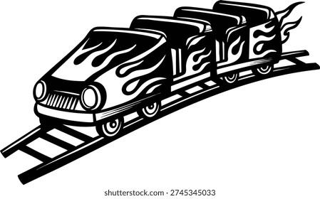 This vector illustration shows a roller coaster train with a dynamic flames design moving along a curved track in black and white style, conveying excitement and speed. Energetic mood.