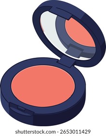 Esta ilustração vetorial mostra um blush de maquiagem compacto redondo em um caso azul-marinho com um espelho aberto. Destaca temas de beleza e cosmética com um estilo limpo. Elegante humor.