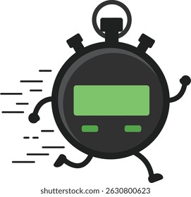 This vector illustration shows a running stopwatch with a green digital display and motion lines, symbolizing speed and timing in sports and fitness contexts, energetic mood.
