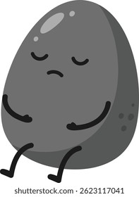 This vector illustration shows a sad black potato character sitting with closed eyes and arms crossed, expressing a mood of unhappiness and contemplation. Calm and somber.