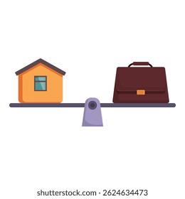 Esta ilustração vetorial mostra uma gangorra equilibrando uma casa com uma pasta, representando o conceito de equilíbrio da vida profissional