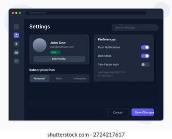 Esta ilustração vetorial mostra uma interface de configurações para gerenciar detalhes do perfil do usuário, preferências e opções de segurança da conta, apresentando elementos de design em modo escuro.