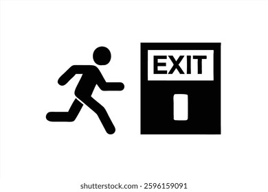 This vector illustration shows a simple black figure running towards an exit sign. The design emphasizes the action of leaving a space quickly and clearly denotes the direction.