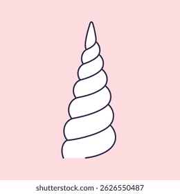 This vector illustration shows a simple white unicorn horn with a spiral design on a soft pink square background, creating a minimal and magical fantasy element. Calm and whimsical.