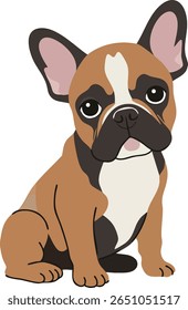 This vector illustration shows a sitting French Bulldog puppy with brown and white fur, large eyes, and upright ears, creating a charming and playful mood.