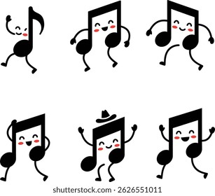 This vector illustration shows six dancing musical notes with smiling faces and playful poses on a white background, conveying a joyful and lively mood.