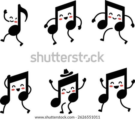 This vector illustration shows six dancing musical notes with smiling faces and playful poses on a white background, conveying a joyful and lively mood.