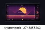 This vector illustration shows a smartphone camera interface recording a beautiful sunset over mountains. The screen displays various photography settings and a recording timer.