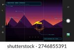 This vector illustration shows a smartphone camera interface with a viewfinder, grid, and focus controls. The UI is overlaid on a sunset landscape with mountains and a sailboat.