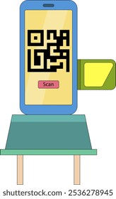 This vector illustration shows a smartphone screen displaying a QR code with a prominent scan button, positioned on a small stand