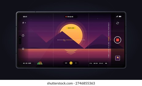 This vector illustration shows a smartphone camera interface recording a beautiful sunset over mountains. The screen displays various photography settings and a recording timer.