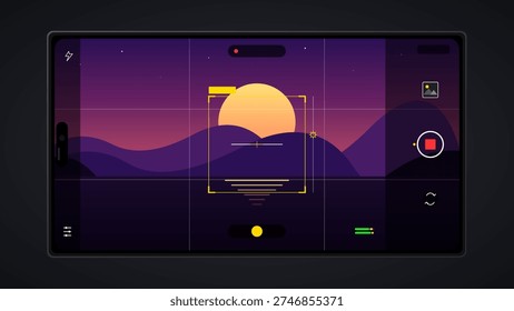 This vector illustration shows a smartphone camera app interface capturing a scenic sunset over rolling hills. The screen features a focus box, grid lines, and recording icons.